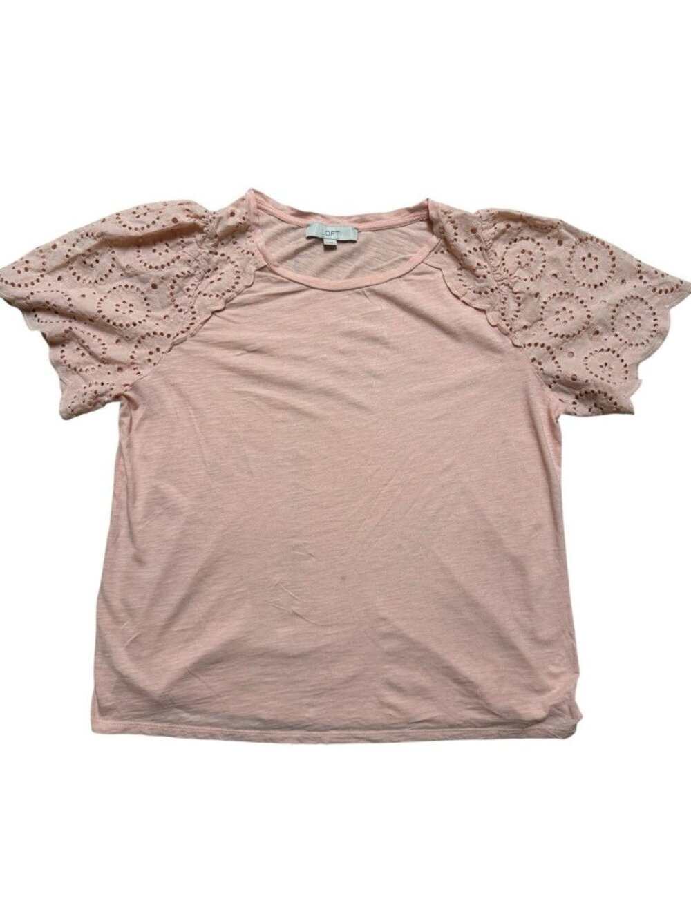LOFT Peach Eyelet Lace Sleeve Top XL Cotton Short Sleeve Blouse